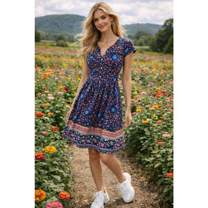Floral Y2k Knee Length Dress Cottagecore L Boho Fairycore Soft Clean Girl